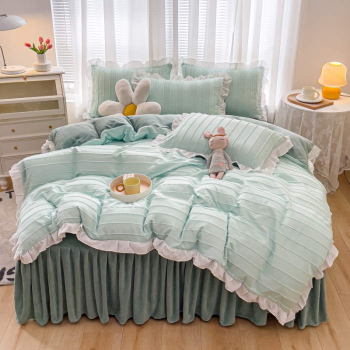 91家纺网 家纺一手货源 找家纺 绒兔兔 2022新款立体剪花牛奶绒四件套 奶绿