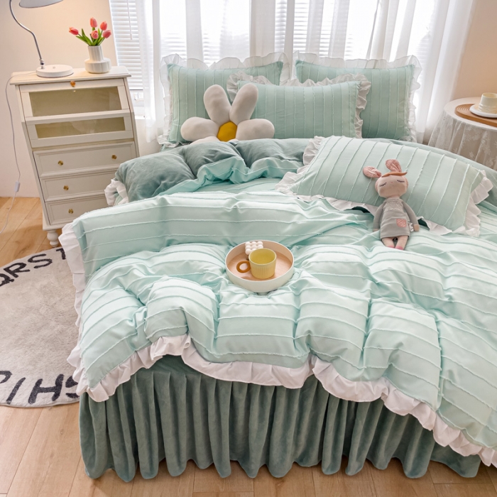 91家纺网 家纺一手货源 找家纺 绒兔兔 2022新款立体剪花牛奶绒四件套 奶绿