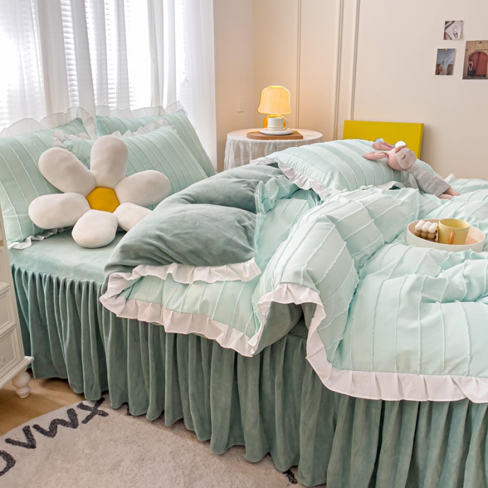 91家纺网 家纺一手货源 找家纺 绒兔兔 2022新款立体剪花牛奶绒四件套 奶绿