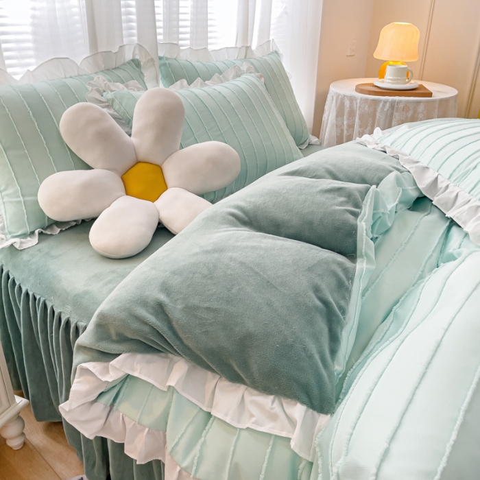 91家纺网 家纺一手货源 找家纺 绒兔兔 2022新款立体剪花牛奶绒四件套 奶绿
