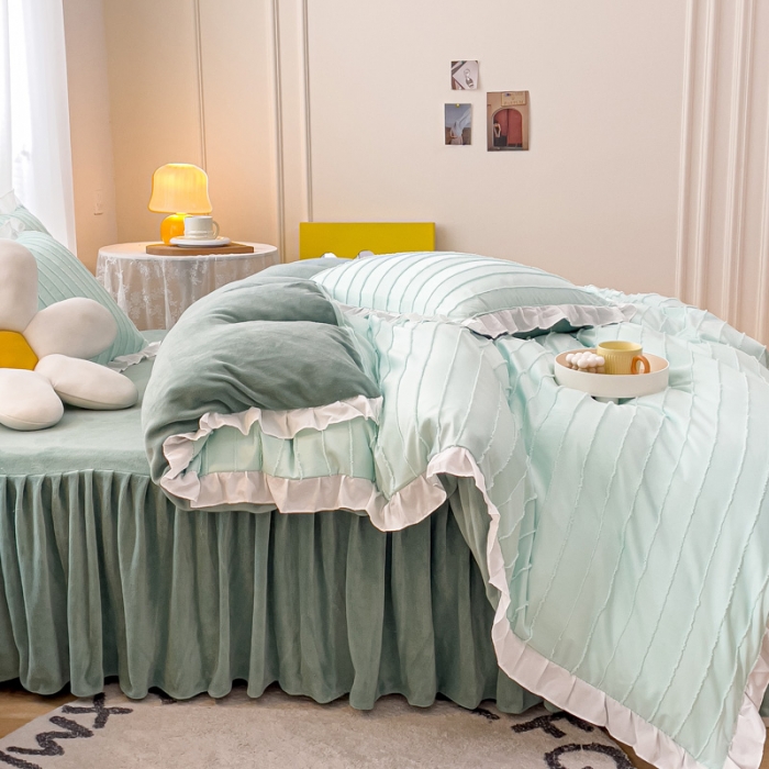 91家纺网 家纺一手货源 找家纺 绒兔兔 2022新款立体剪花牛奶绒四件套 奶绿