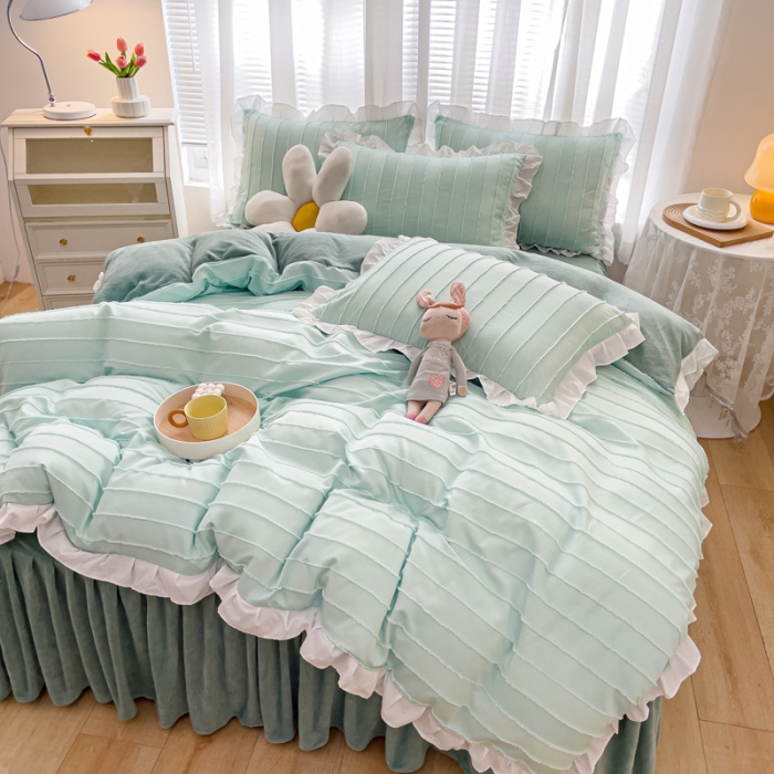 91家纺网 家纺一手货源 找家纺 绒兔兔 2022新款立体剪花牛奶绒四件套 奶绿