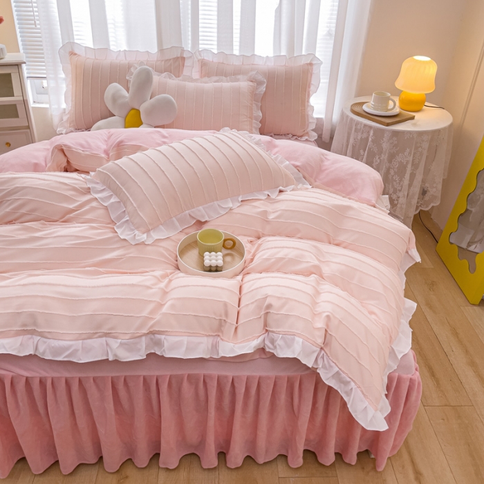 91家纺网 家纺一手货源 找家纺 绒兔兔 2022新款立体剪花牛奶绒四件套 蔷薇粉