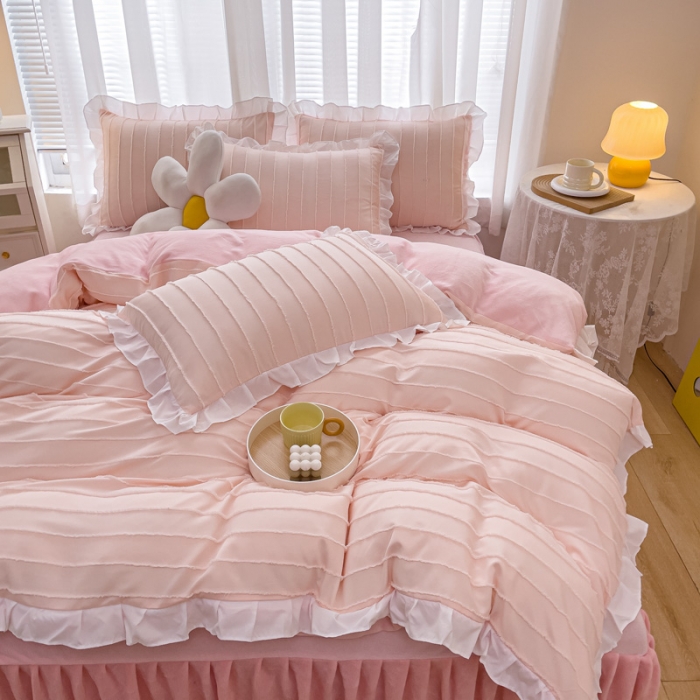 91家纺网 家纺一手货源 找家纺 绒兔兔 2022新款立体剪花牛奶绒四件套 蔷薇粉