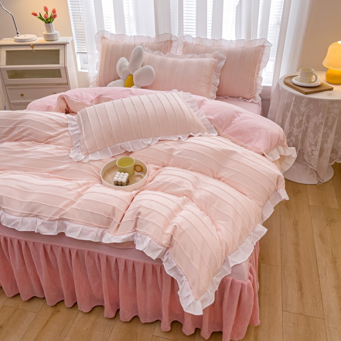 91家纺网 家纺一手货源 找家纺 绒兔兔 2022新款立体剪花牛奶绒四件套 蔷薇粉