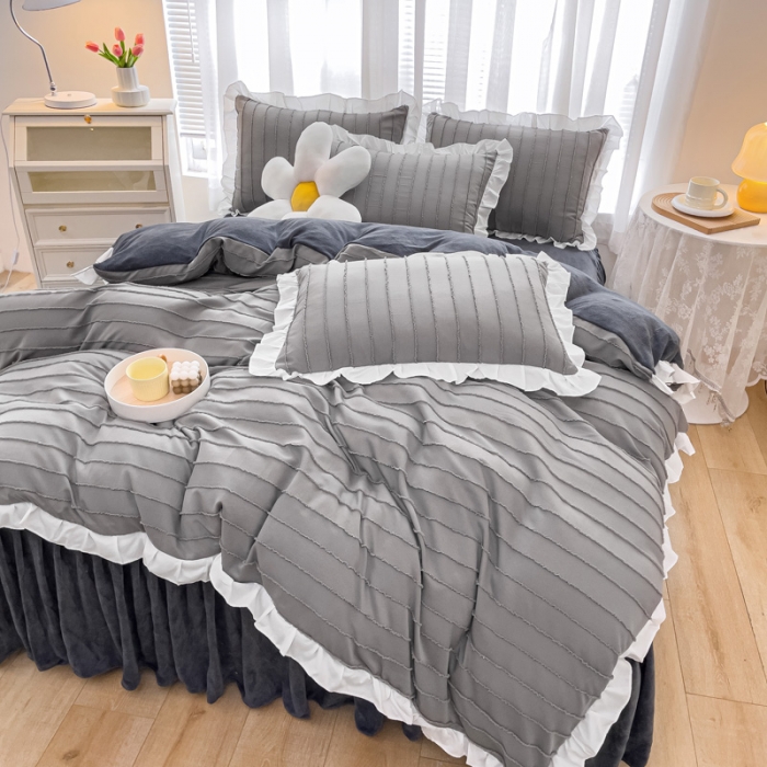 91家纺网 家纺一手货源 找家纺 绒兔兔 2022新款立体剪花牛奶绒四件套 温柔灰