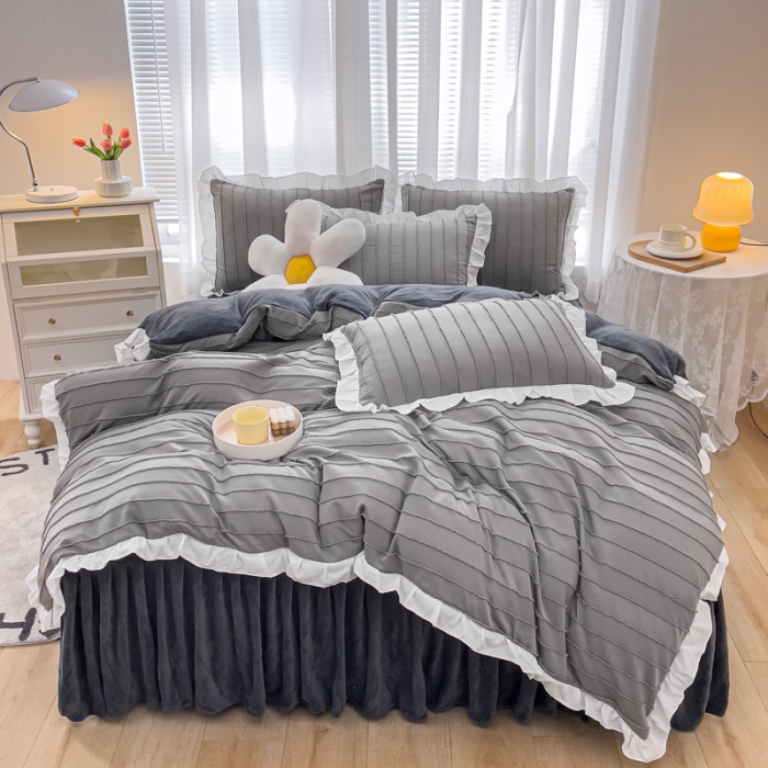 91家纺网 家纺一手货源 找家纺 绒兔兔 2022新款立体剪花牛奶绒四件套 温柔灰