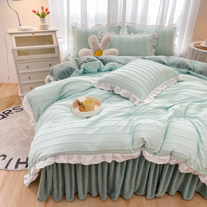 91家纺网 家纺一手货源 找家纺 绒兔兔 2022新款立体剪花牛奶绒四件套 奶绿