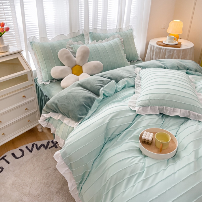 91家纺网 家纺一手货源 找家纺 绒兔兔 2022新款立体剪花牛奶绒四件套 奶绿