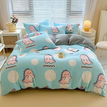 兄弟坊 2022新款牛奶绒印花四件套-蓝色恐龙