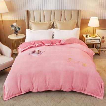 顺织纯色刺绣牛奶绒多功能单被套双层毛毯毯子 叶语之眠-粉色