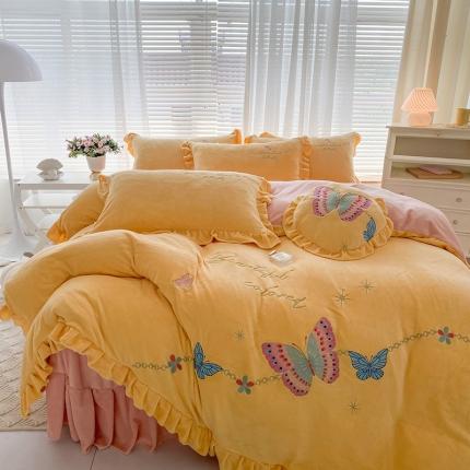 铠畅直播供货轻奢韩版花边高克重牛奶绒刺绣四件套床裙款蝶恋黄