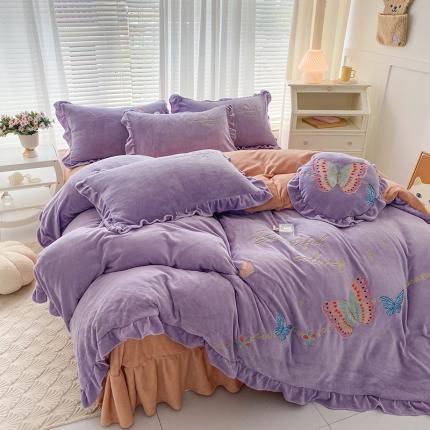铠畅直播供货轻奢韩版花边高克重牛奶绒刺绣四件套床裙款蝶恋紫