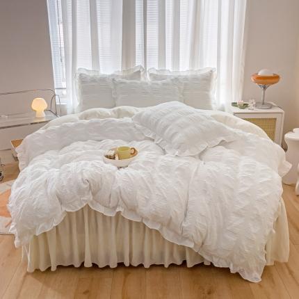 91家纺网 家纺一手货源 找家纺 绒兔兔 A版泡泡纱+B版牛奶绒韩版床裙床单四件套 月光白