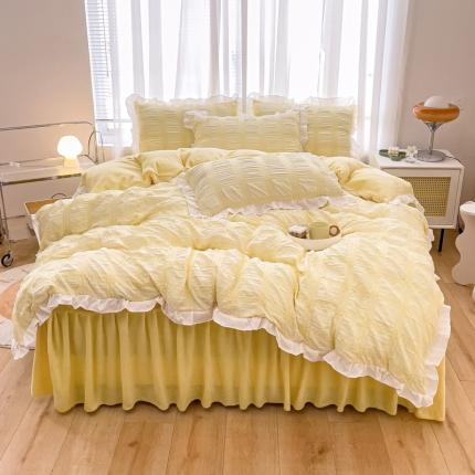 绒兔兔 A版泡泡纱+B版牛奶绒韩版床裙床单四件套 淡黄