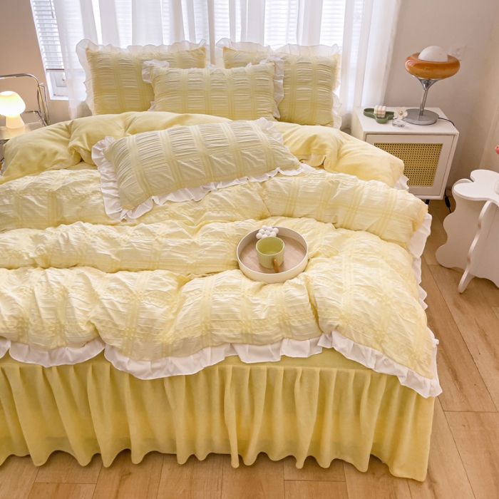 91家纺网 家纺一手货源 找家纺 绒兔兔 A版泡泡纱+B版牛奶绒韩版床裙床单四件套 淡黄