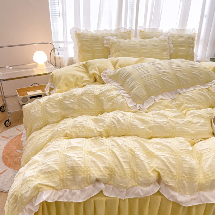 91家纺网 家纺一手货源 找家纺 绒兔兔 A版泡泡纱+B版牛奶绒韩版床裙床单四件套 淡黄