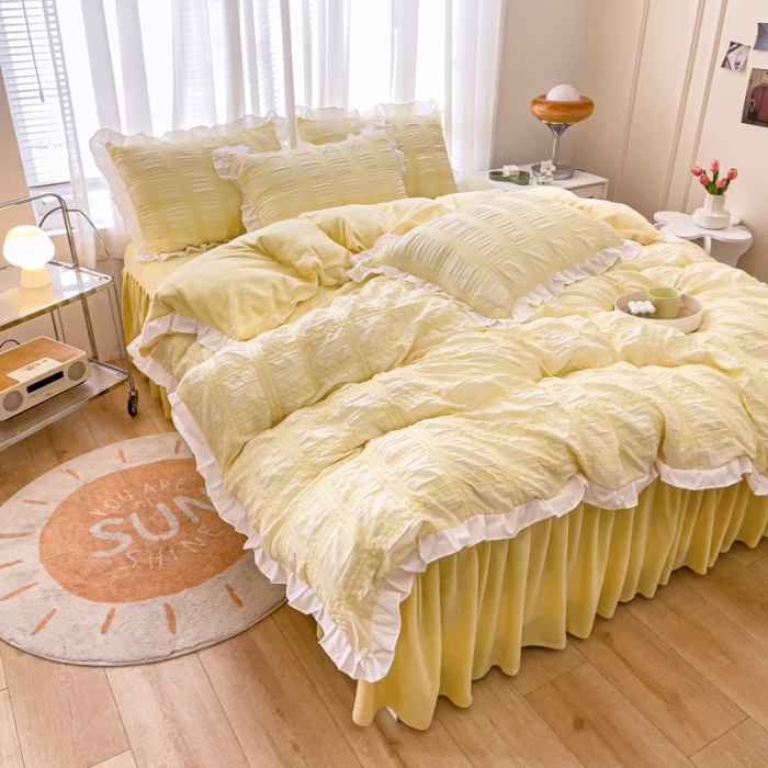 91家纺网 家纺一手货源 找家纺 绒兔兔 A版泡泡纱+B版牛奶绒韩版床裙床单四件套 淡黄