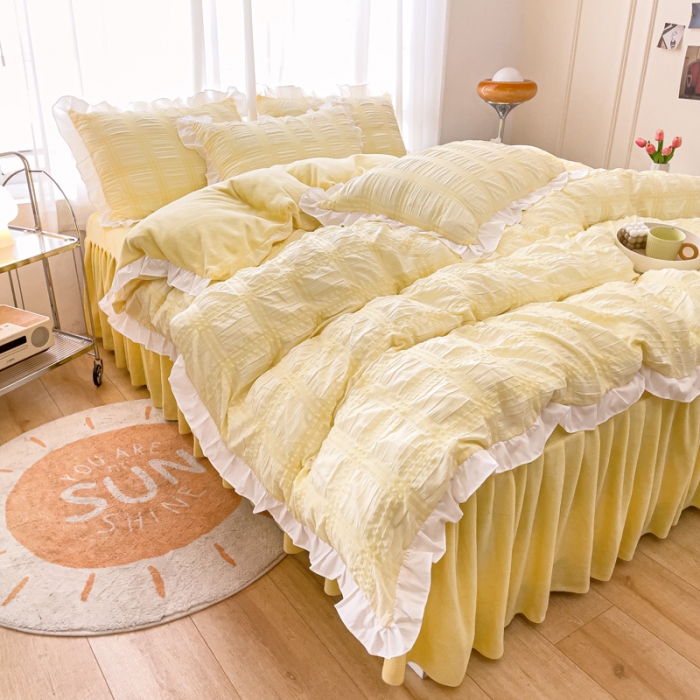 91家纺网 家纺一手货源 找家纺 绒兔兔 A版泡泡纱+B版牛奶绒韩版床裙床单四件套 淡黄