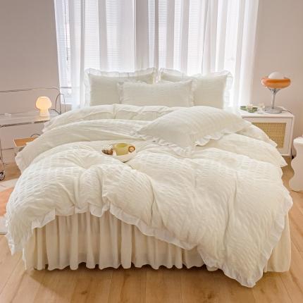 绒兔兔 A版泡泡纱+B版牛奶绒韩版床裙床单四件套 奶油白