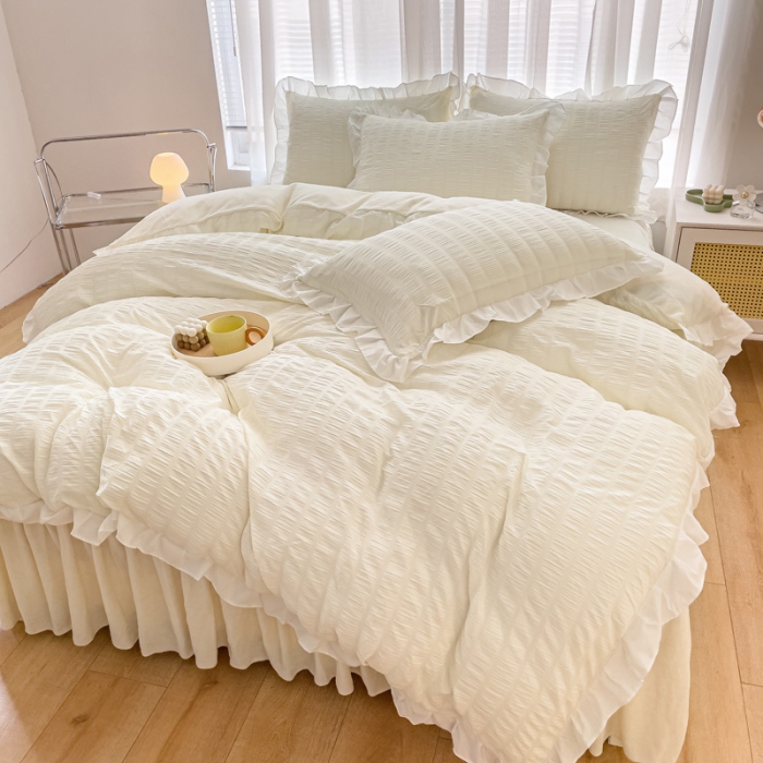 91家纺网 家纺一手货源 找家纺 绒兔兔 A版泡泡纱+B版牛奶绒韩版床裙床单四件套 奶油白