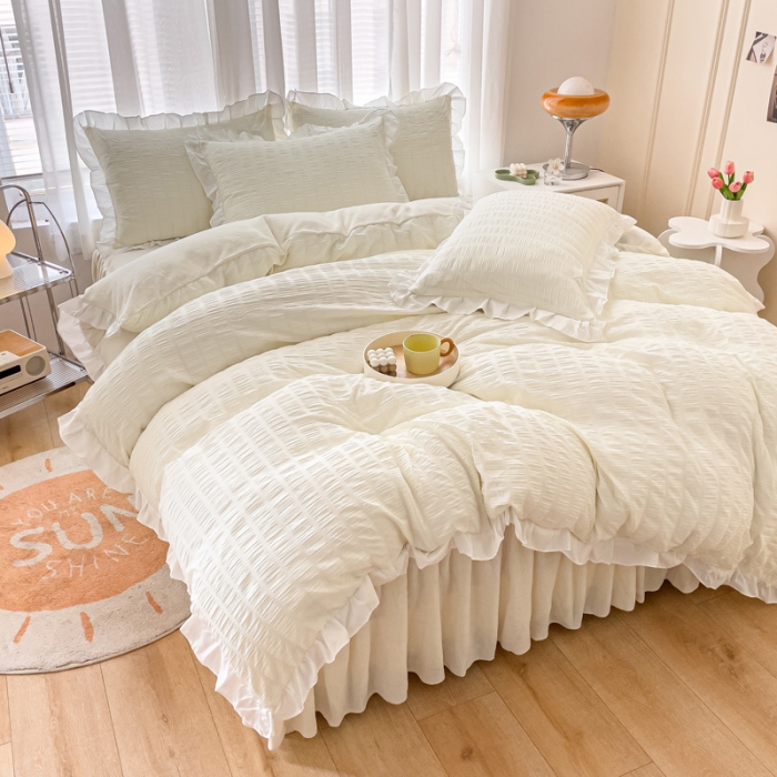 91家纺网 家纺一手货源 找家纺 绒兔兔 A版泡泡纱+B版牛奶绒韩版床裙床单四件套 奶油白