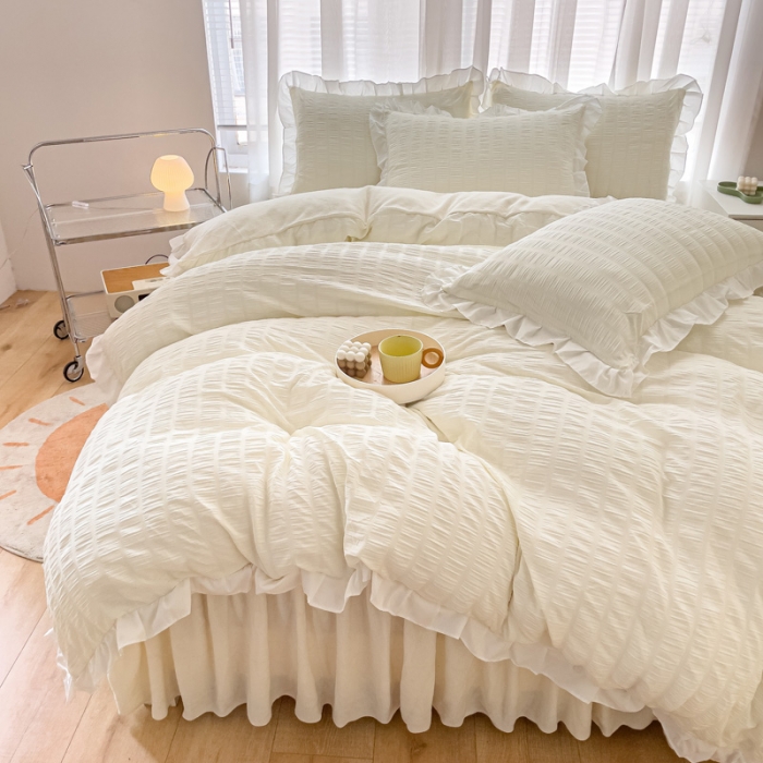 91家纺网 家纺一手货源 找家纺 绒兔兔 A版泡泡纱+B版牛奶绒韩版床裙床单四件套 奶油白