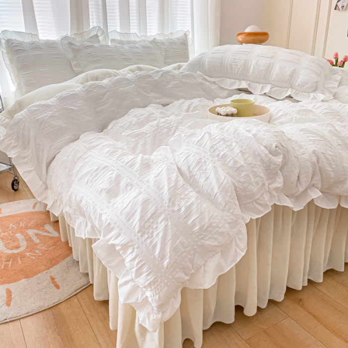 91家纺网 家纺一手货源 找家纺 绒兔兔 A版泡泡纱+B版牛奶绒韩版床裙床单四件套 月光白