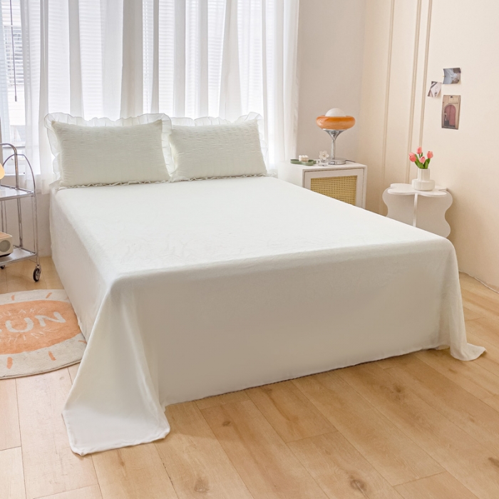 91家纺网 家纺一手货源 找家纺 绒兔兔 A版泡泡纱+B版牛奶绒韩版床裙床单四件套 月光白