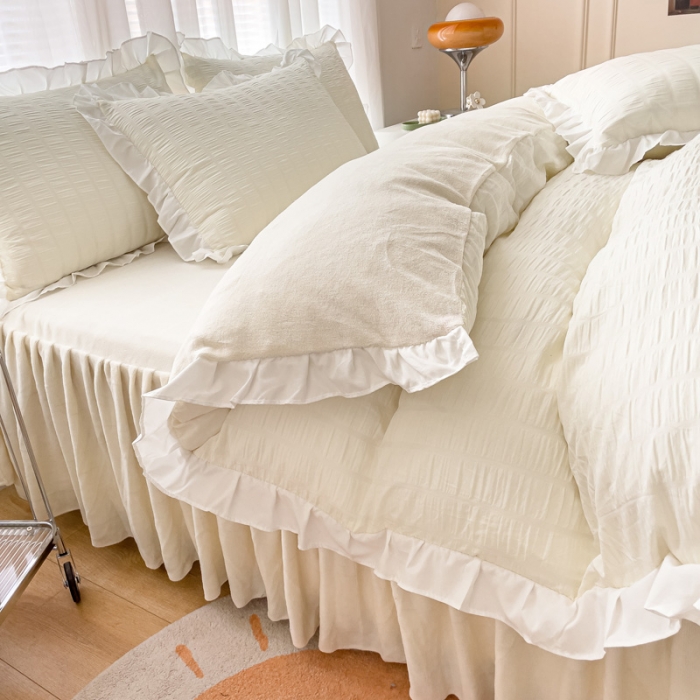 91家纺网 家纺一手货源 找家纺 绒兔兔 A版泡泡纱+B版牛奶绒韩版床裙床单四件套 奶油白