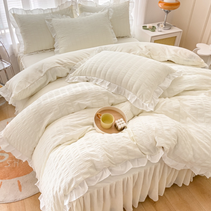 91家纺网 家纺一手货源 找家纺 绒兔兔 A版泡泡纱+B版牛奶绒韩版床裙床单四件套 奶油白