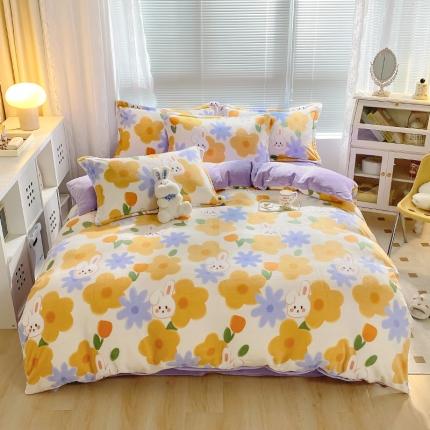 91家纺网 家纺一手货源 找家纺 百寐 2021新款牛奶绒印花四件套 可爱兔