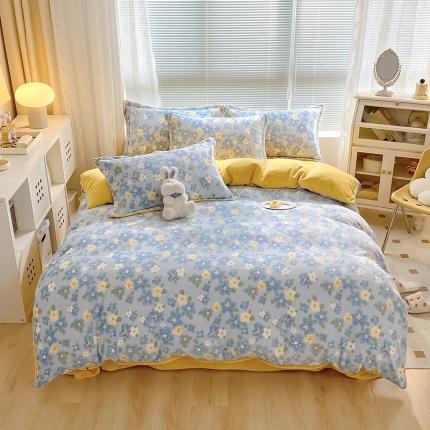 91家纺网 家纺一手货源 找家纺 百寐 2021新款牛奶绒印花四件套 蓝碎花