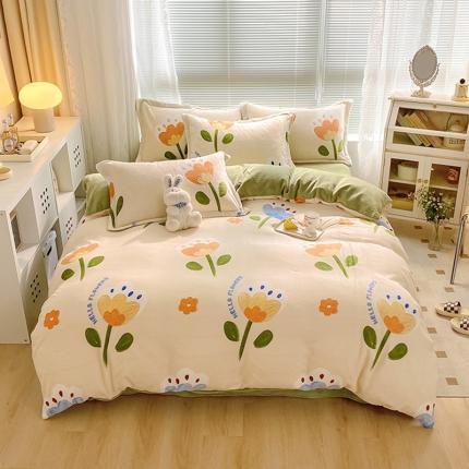 91家纺网 家纺一手货源 找家纺 百寐 2021新款牛奶绒印花四件套 向阳花