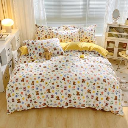 91家纺网 家纺一手货源 找家纺 百寐 2021新款牛奶绒印花四件套 小花熊