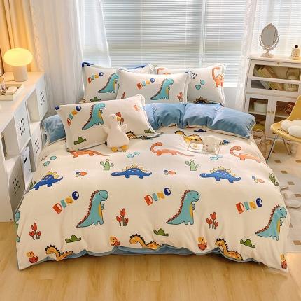 91家纺网 家纺一手货源 找家纺 百寐 2021新款牛奶绒印花四件套 小恐龙