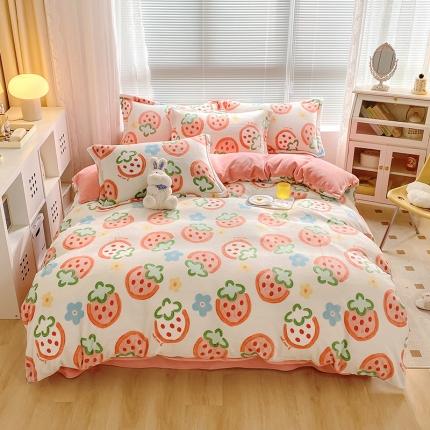 91家纺网 家纺一手货源 找家纺 百寐 2021新款牛奶绒印花四件套 大草莓