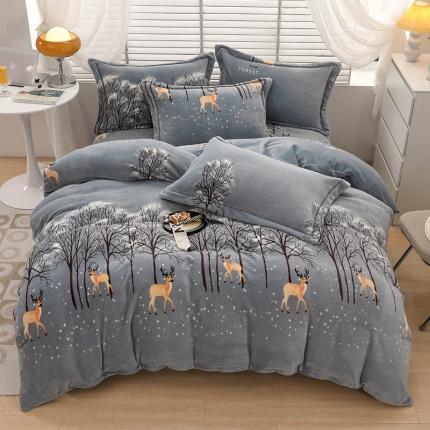 91家纺网 家纺一手货源 找家纺 优姿2022新款9斤重牛奶棉床裙款四件套 小鹿-灰