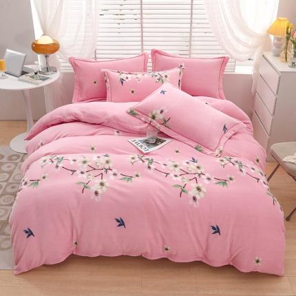 优姿2022新款9斤重牛奶棉床裙款四件套 芙蓉海棠