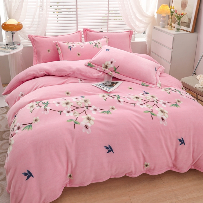 91家纺网 家纺一手货源 找家纺 优姿2022新款9斤重牛奶棉床裙款四件套 芙蓉海棠