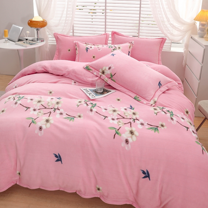 91家纺网 家纺一手货源 找家纺 优姿2022新款9斤重牛奶棉床裙款四件套 芙蓉海棠