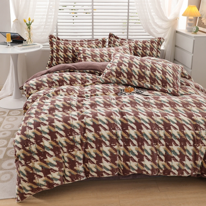 91家纺网 家纺一手货源 找家纺 优姿2022新款9斤重牛奶棉床裙款四件套 千鸟格-豆沙