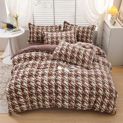 优姿2022新款9斤重牛奶棉床裙款四件套 千鸟格-豆沙