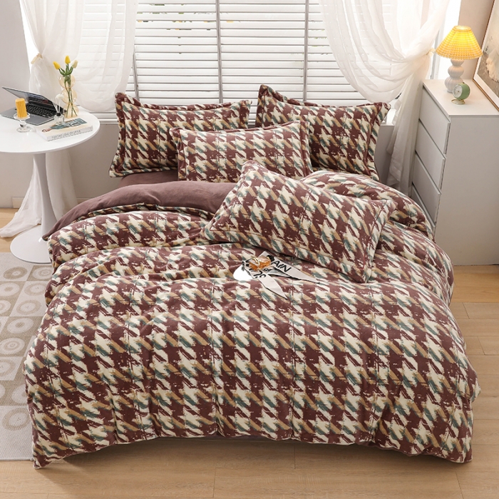 91家纺网 家纺一手货源 找家纺 优姿2022新款9斤重牛奶棉床裙款四件套 千鸟格-豆沙