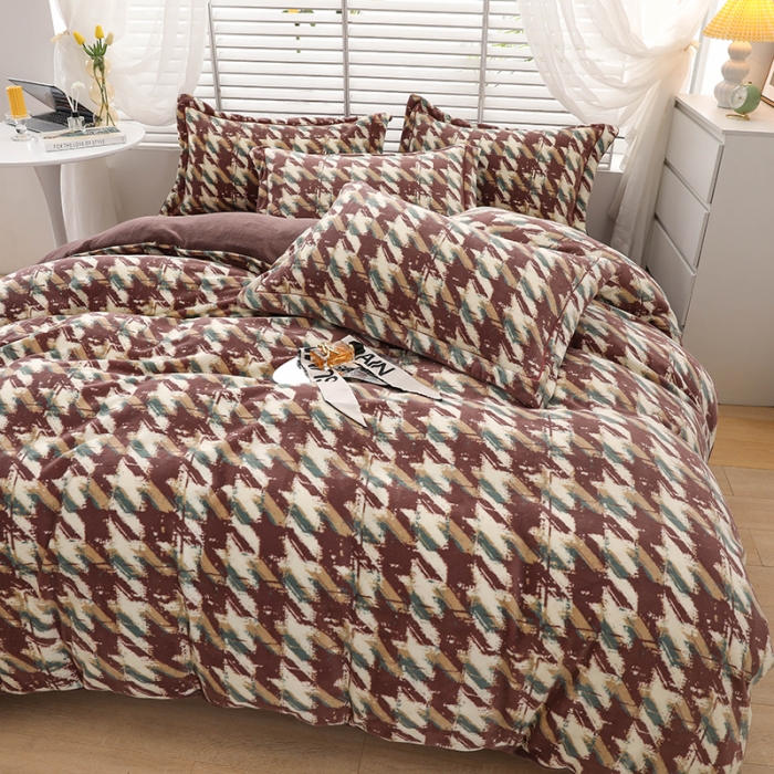 91家纺网 家纺一手货源 找家纺 优姿2022新款9斤重牛奶棉床裙款四件套 千鸟格-豆沙