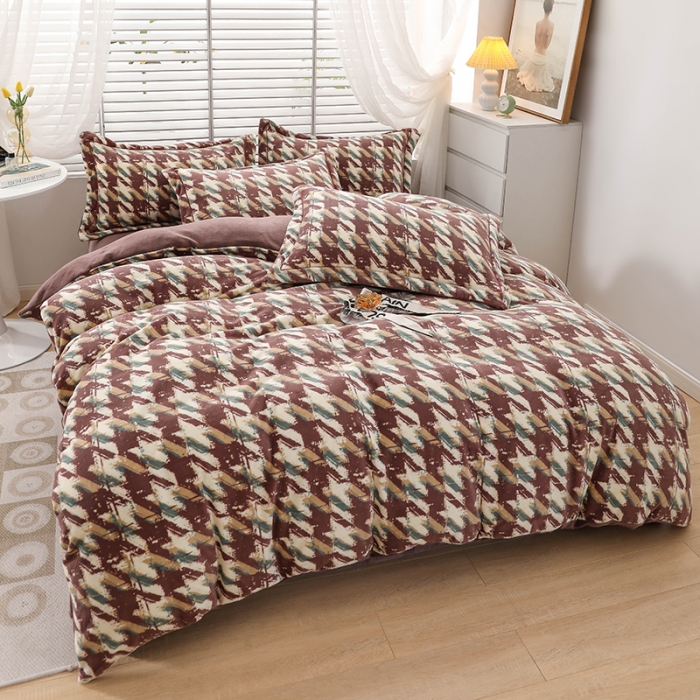 91家纺网 家纺一手货源 找家纺 优姿2022新款9斤重牛奶棉床裙款四件套 千鸟格-豆沙