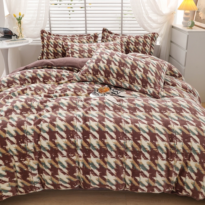 91家纺网 家纺一手货源 找家纺 优姿2022新款9斤重牛奶棉床裙款四件套 千鸟格-豆沙