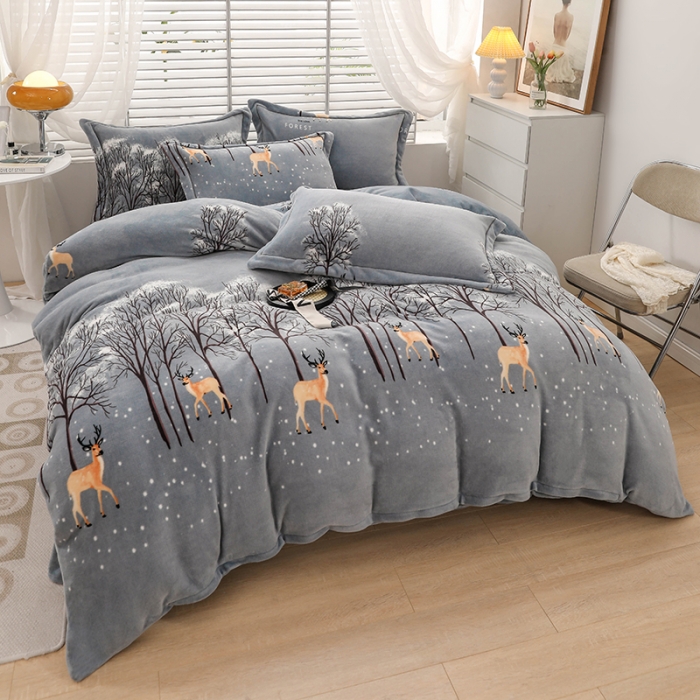 91家纺网 家纺一手货源 找家纺 优姿2022新款9斤重牛奶棉床裙款四件套 小鹿-灰