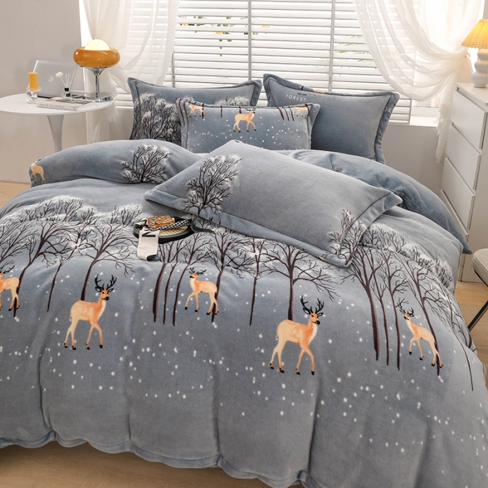 91家纺网 家纺一手货源 找家纺 优姿2022新款9斤重牛奶棉床裙款四件套 小鹿-灰