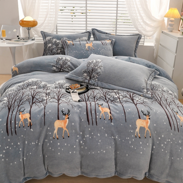 91家纺网 家纺一手货源 找家纺 优姿2022新款9斤重牛奶棉床裙款四件套 小鹿-灰